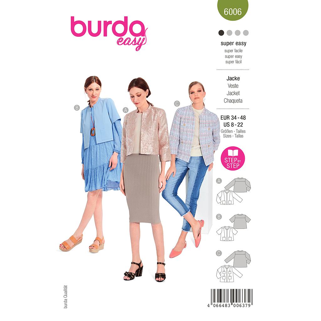 Patron Burda 6006 Veste courte coupe droite et col droit du 36 au 46 FR