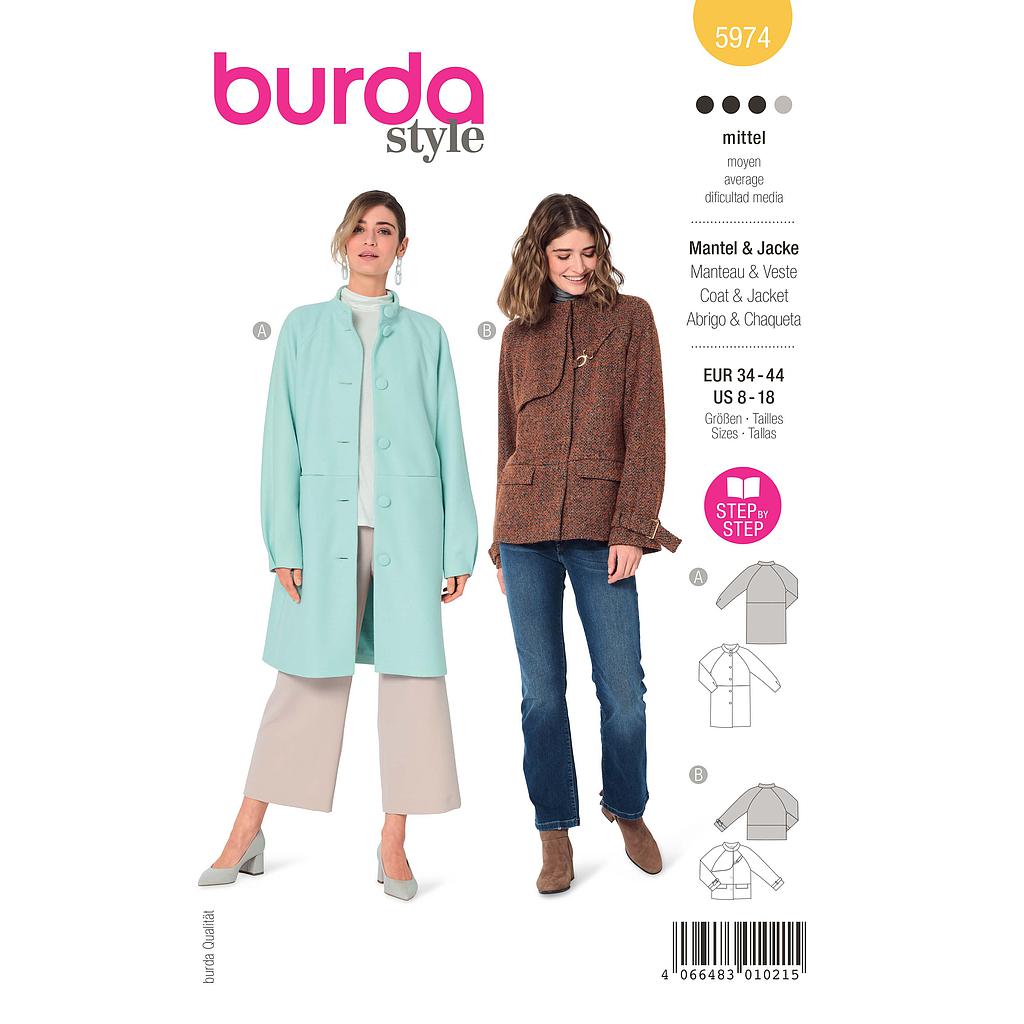 Patron Burda 5974 Veste manteau a manches raglan et col droit du 36 au 46 FR