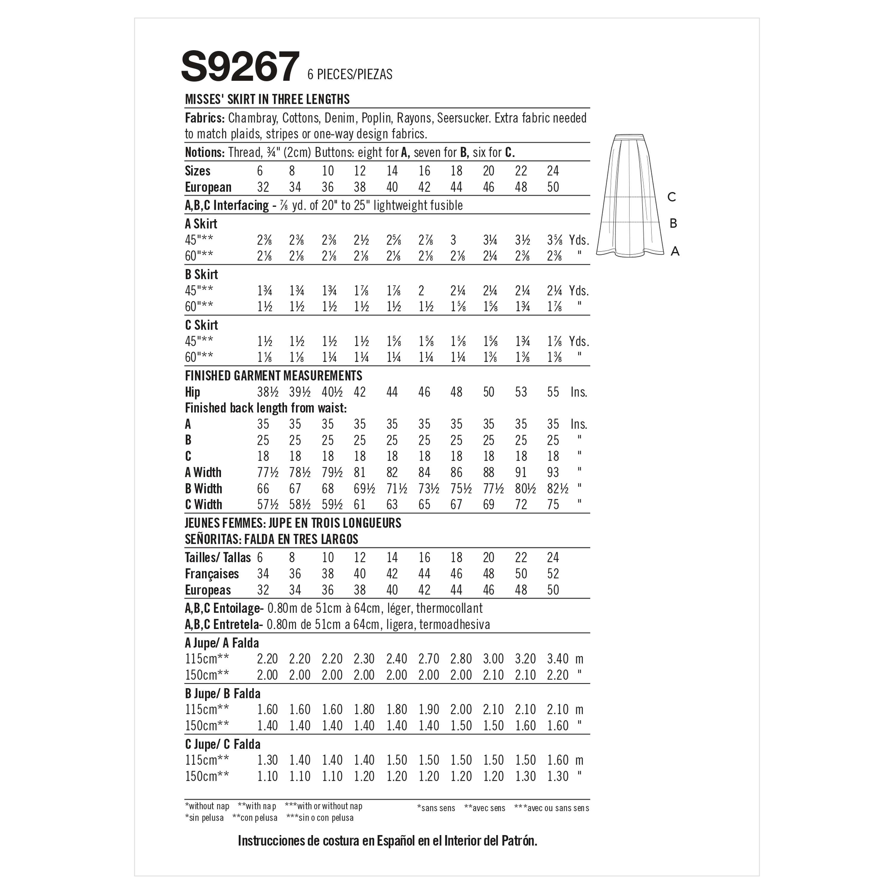 Patron Simplicity 9267 - Jupe évasée, boutonnage devant du 34 au 52 (FR)