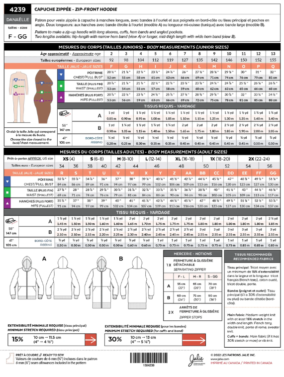 Patron Jalie 4239 DANAELLE- Sweat à capuche zippé