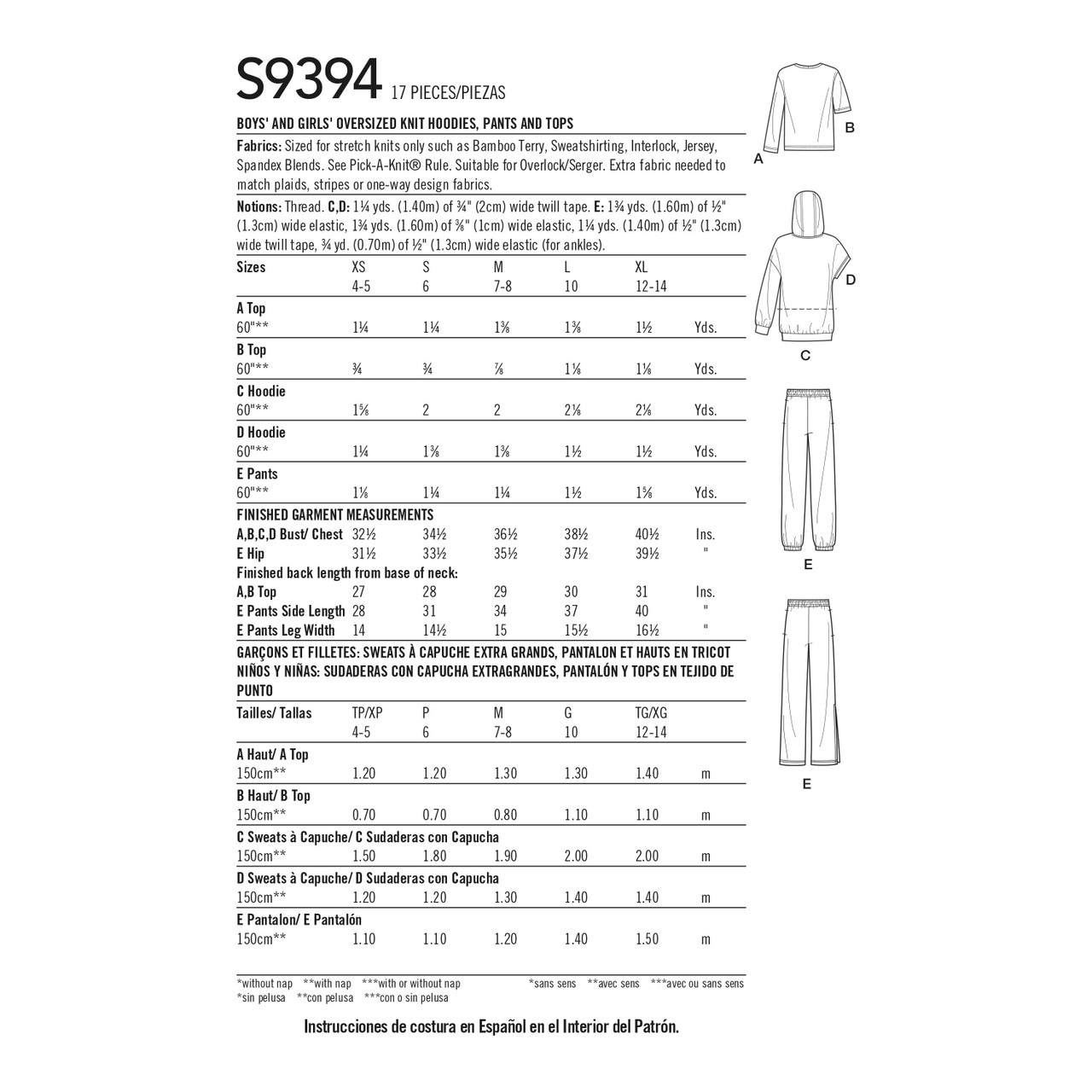 Patron Simplicity 9394 - Sweats à capuche, pantalons et hauts en tricot surdimensionnés pour garçons et filles du 4 au 14 ans