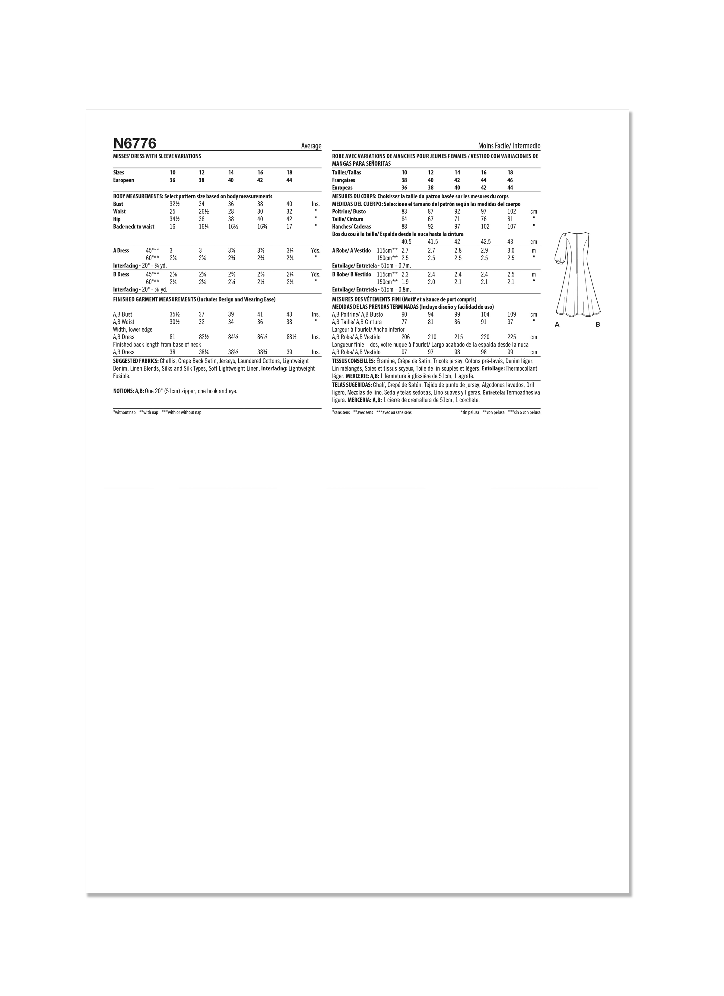 Patron New Look 6776 - Robe Avec Variations de Manches pour Jeunes Femmes