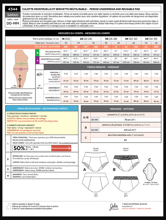 Patron Jalie 4344 - Culotte menstruelle et serviettes réutilisables