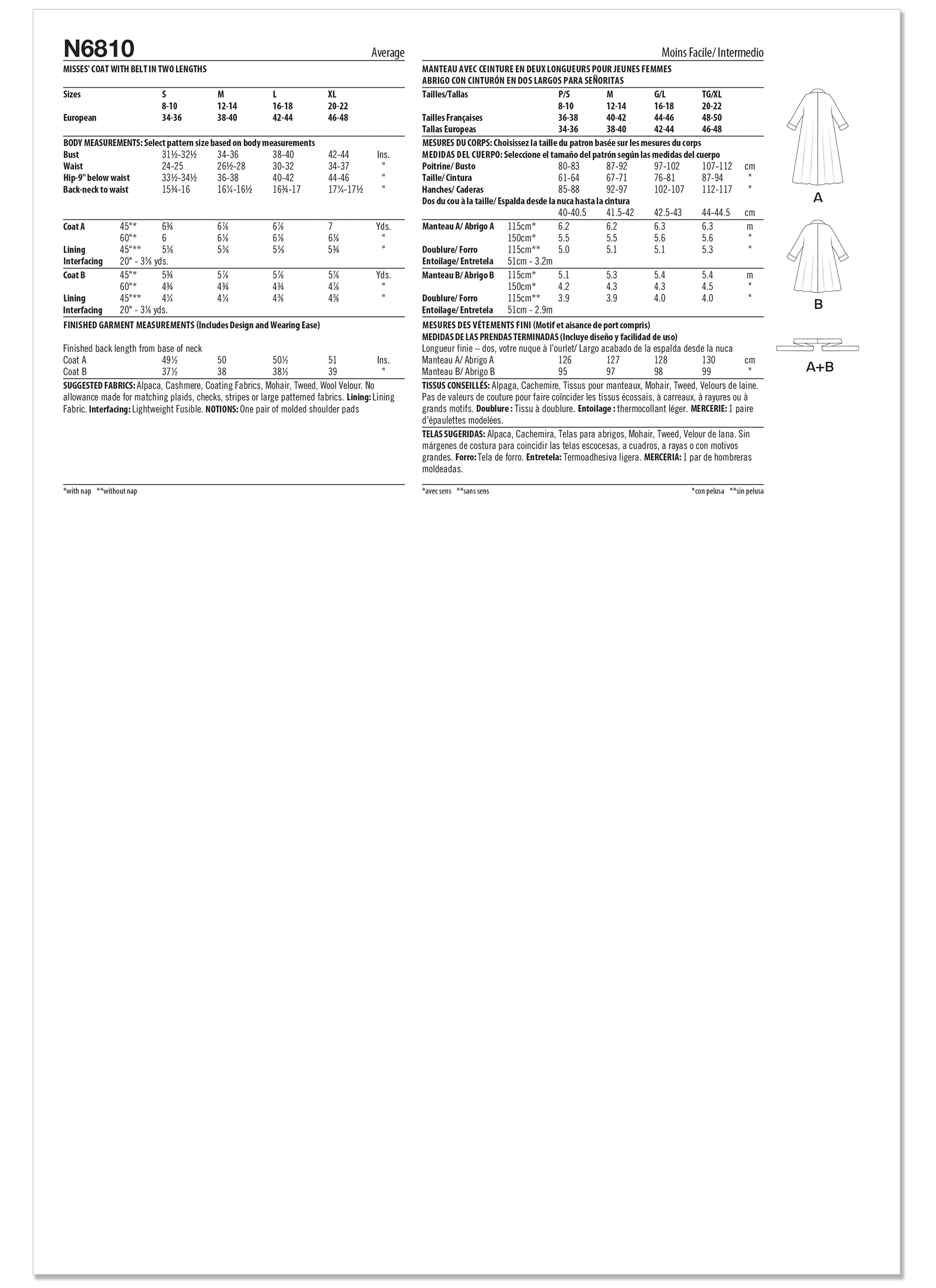 Patron New Look 6810 -  Manteau avec ceinture