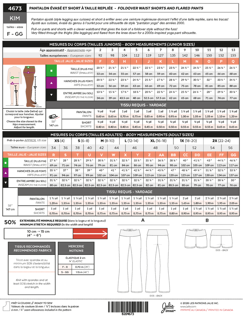 Patron Jalie 4673   KIM - Pantalon évasé et short à taille repliée