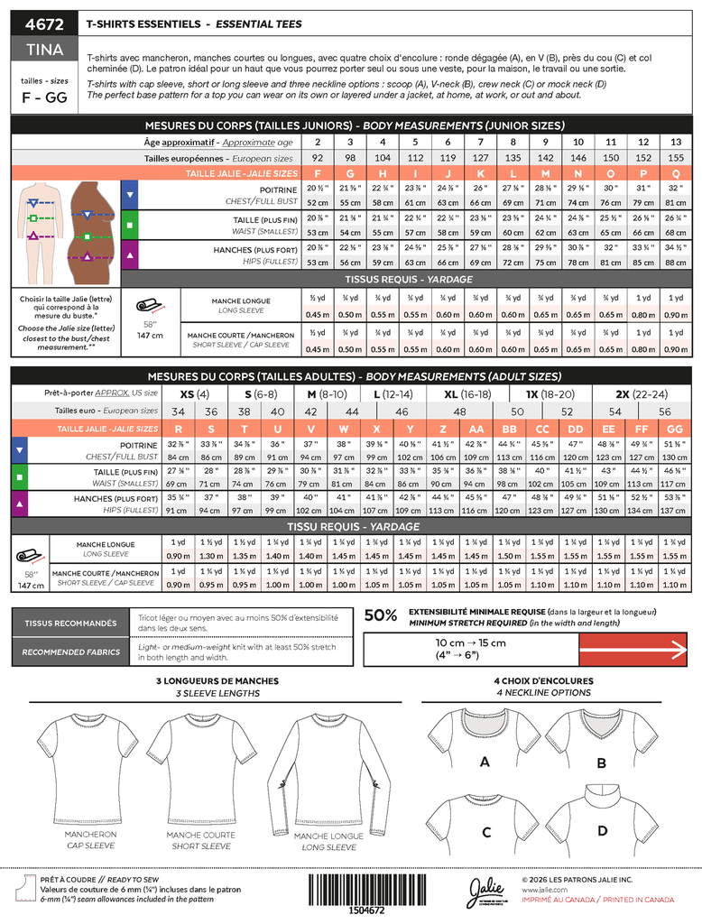 Patron Jalie 4672 TINA - T-shirts essentiels