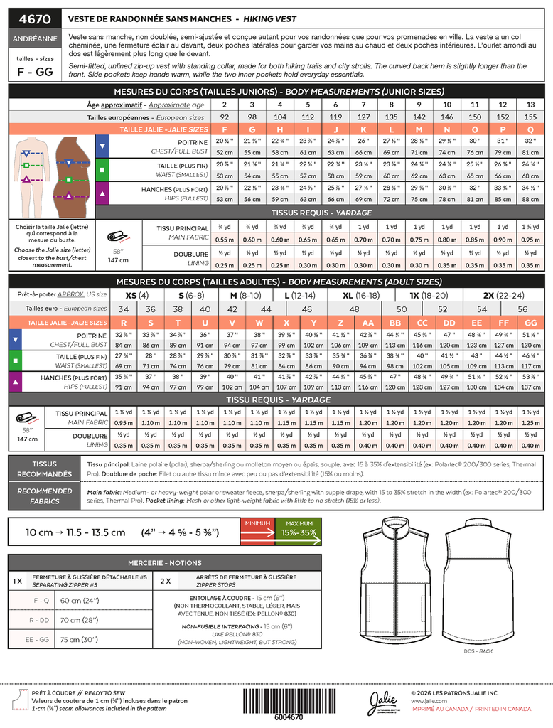 Patron Jalie 4670 ANDRÉANNE - Veste de randonnée