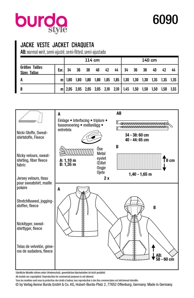 Patron Burda 6090- Veste sweat-shirt avec fermeture à glissière du 36 au 46
