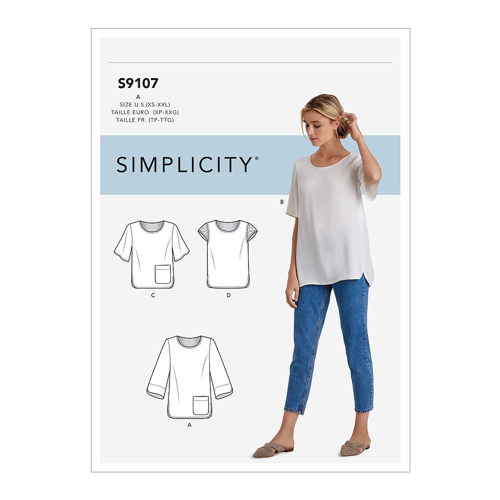 Patron Simplicity 9107 Blouse femme droite dos à plis plats - du XS au 2XL