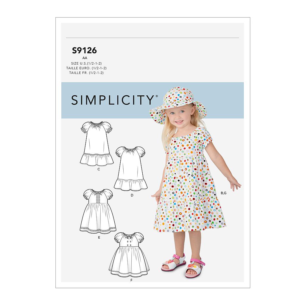 Patron Simplicity 9126 robe fillette manches raglan bouffantes et chapeau - 6 mois à 4 ans