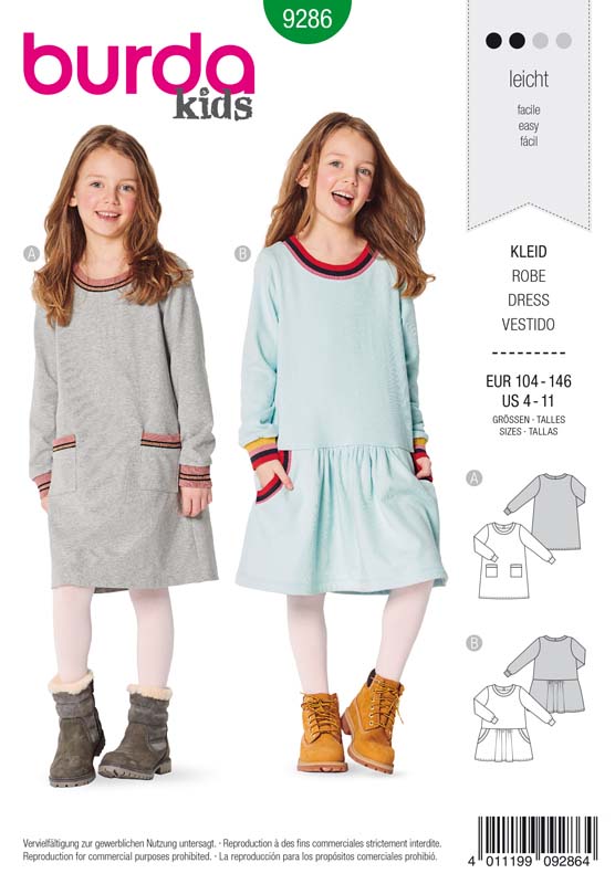 Patron Burda 9286 Robe robe façon Tee-Shirt à bordures - de 4 à 11 ans