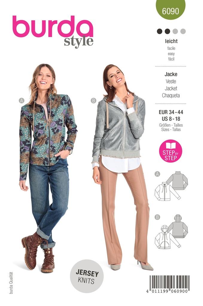Patron Burda 6090- Veste sweat-shirt avec fermeture à glissière du 36 au 46