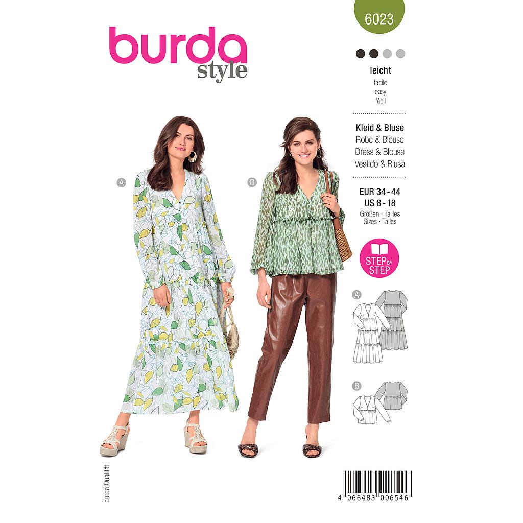 Patron Burda 6023 - Robes et Blouses encolure V avec boutons du 36 au 46 (FR)