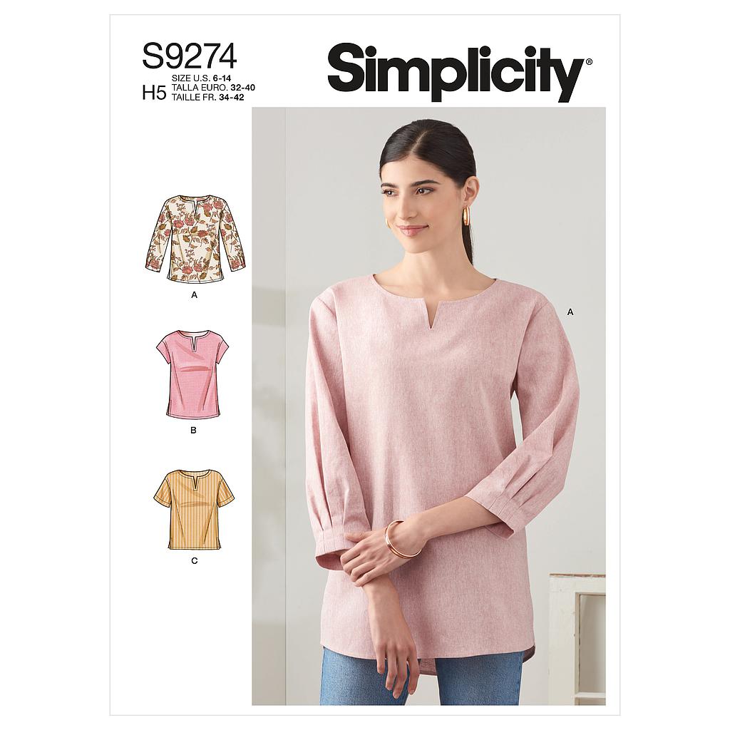 Patron Simplicity 9274 - Top encolure arrondie et V , variations de longueurs du 34 au 52 (FR)