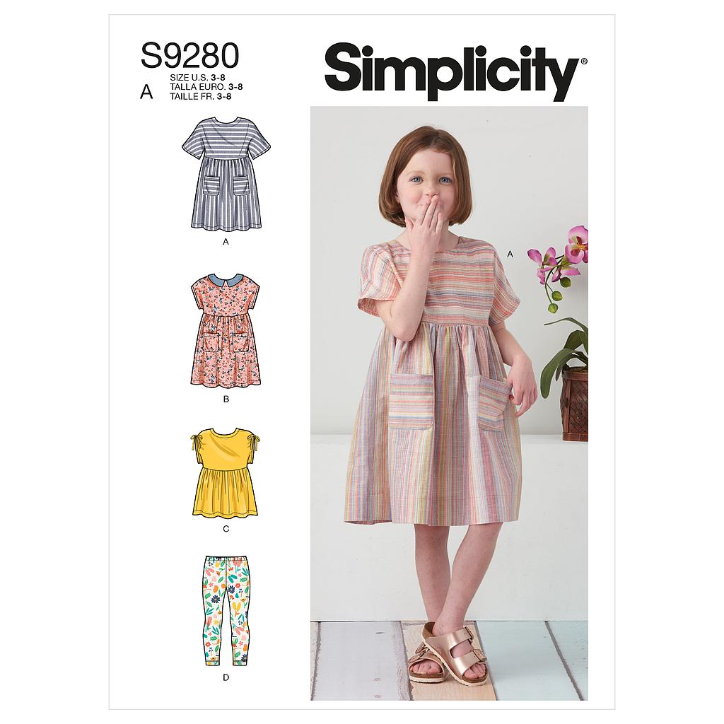 Patron Simplicity 9280.A - Ensemble Fille Top, Robe & Legging de 3 à 8 ans (97 à 132 cm)