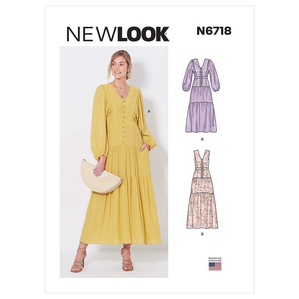 Patron New Look 6718 -  Robe longue avec décolleté en V avec variantes du 36 au 48 (FR)