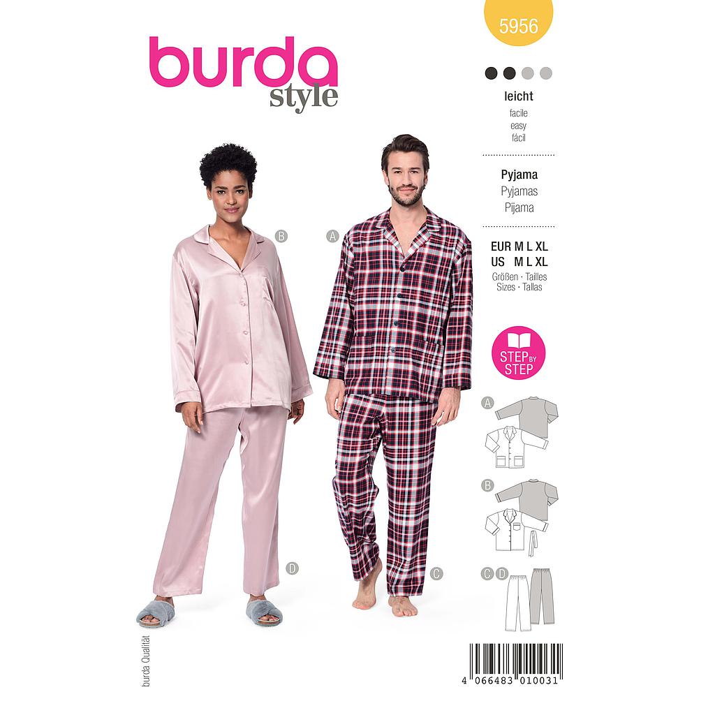 Patron Burda 5956 - Pyjama UNISEX classique et confortable pour elle et lui (M, L, XL)