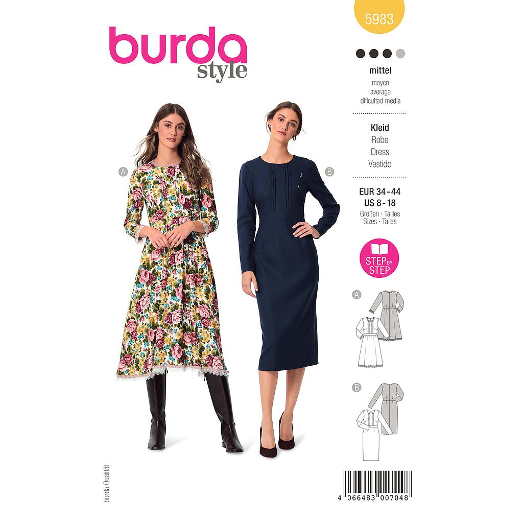 Patron Burda 5983 - Robe avec ceinture de taille et jupe ample ou droite du 36 au 46 (FR)