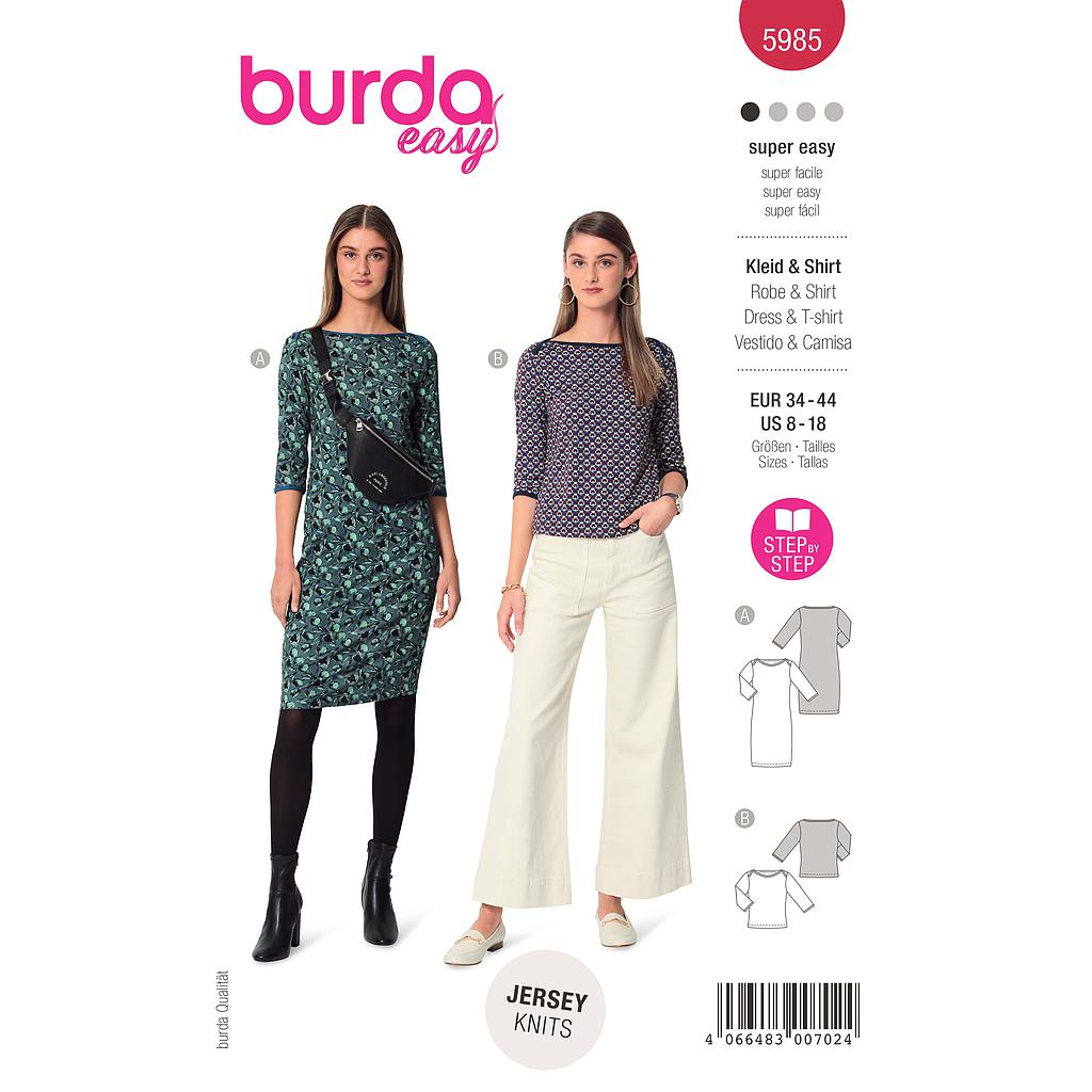 Patron Burda 5985 - Robe étroite & tee-shirt à manches 3/4 avec encolure bateau du 36 au 46 (FR)