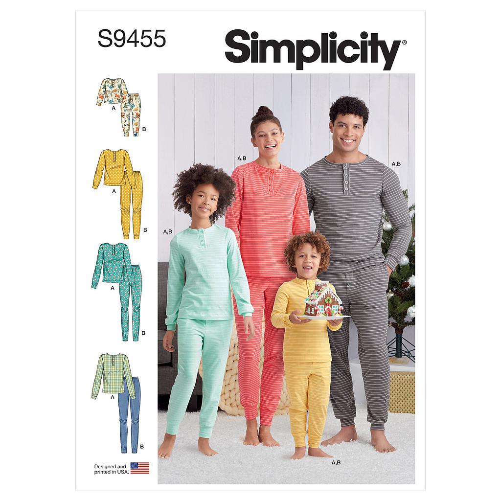 Patron Simplicity 9455 - Pantalon et haut en tricot pour femme, homme et enfant du 4 au 16 ans et du XS au XL
