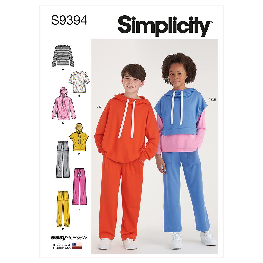 Patron Simplicity 9394 - Sweats à capuche, pantalons et hauts en tricot surdimensionnés pour garçons et filles du 4 au 14 ans
