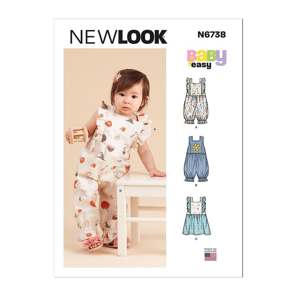 Patron New Look 6738 - Barboteuses et tobe pour bébés (NB-S-M-L)