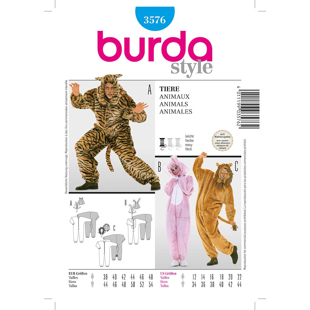 Patron Burda Carnaval 3576 - Déguisement Combinaison Animaux Adulte