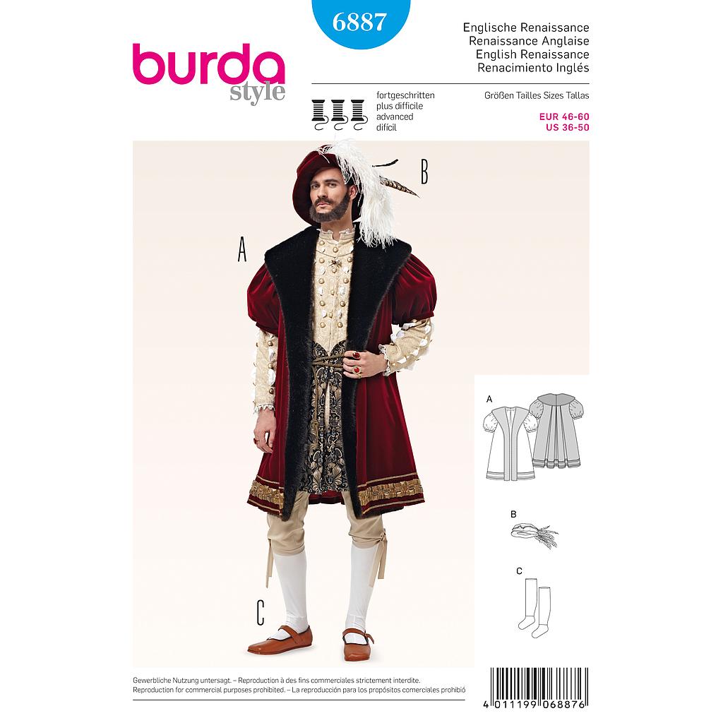 Patron Burda Carnaval 6887 - Déguisement Historique Renaissance anglaise Homme