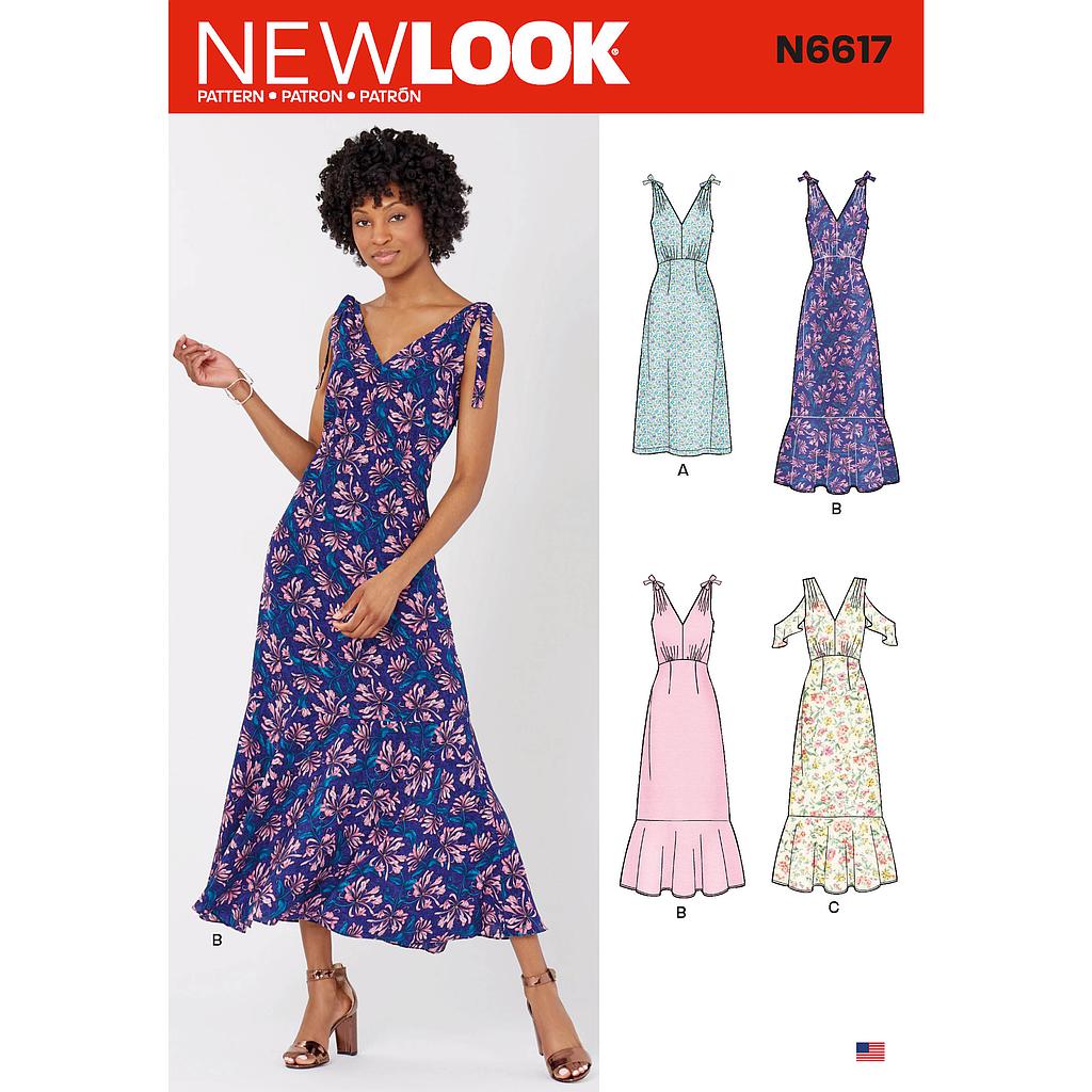 Patron New Look 6617 Robe à bretelles nouées pour femmes de 38 à 50
