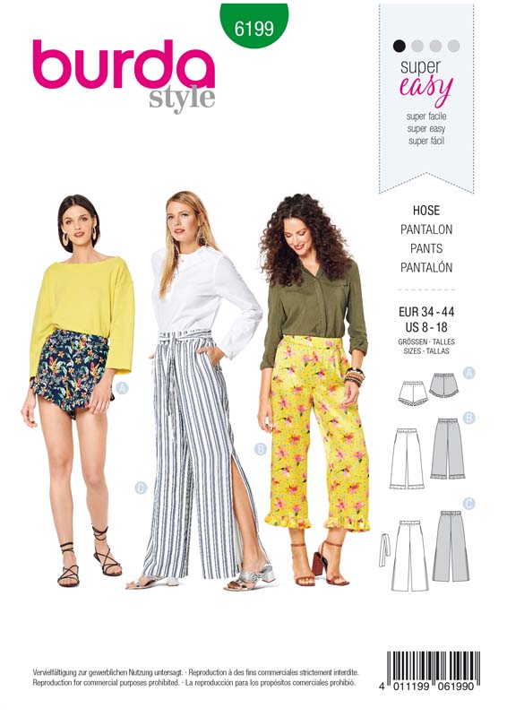Patron Burda 6199 Pantalon léger femme, short ou pantacourt - volantés &amp; taille élastiquée - du 36 au 46
