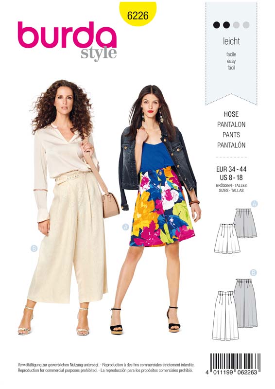 Patron Burda 6226 Bermuda femme ou pantalon façon jupe - culotte taille haute - du 36 au 46