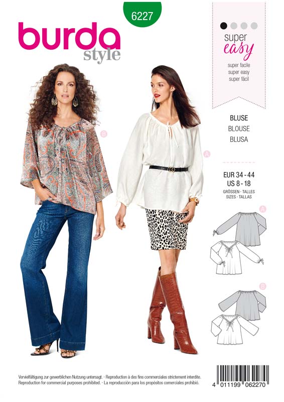 Patron Burda 6227 Blouse ou tunique femme Carmen – coulisse à ruban - du 36 au 46