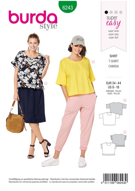 Patron Burda 6243 T-shirt  femme carré, avec ou sans volants - du 36 au 46