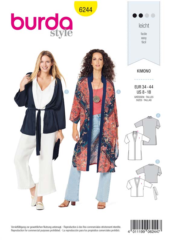Patron Burda 6244 Veste Gilet femme Kimono - du 36 au 46