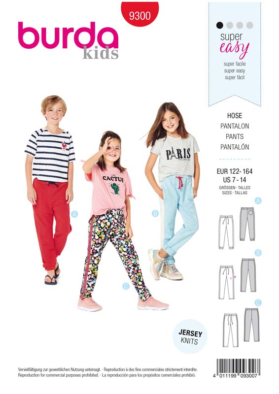 Patron Burda 9300 Pantalon de jogging enfant à coulisse élastique - de 7 à 14/16 ans