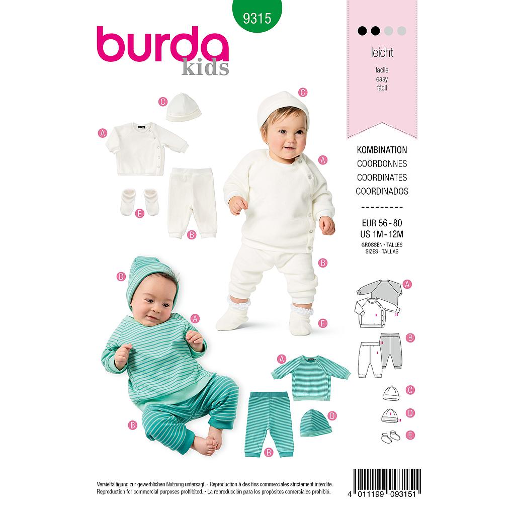 [B9315] Patron Burda 9315 Sweat, pantalon, bonnet et chaussons pour bébés de 1 à 12 mois