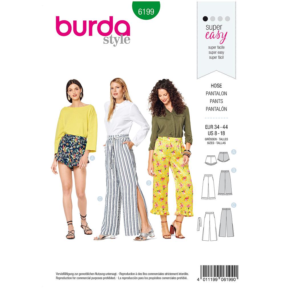 [B6199] Patron Burda 6199 Pantalon léger femme, short ou pantacourt - volantés & taille élastiquée - du 36 au 46
