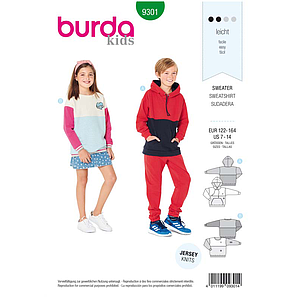Patron Burda 9301 SweaTee-Shirt – hoodie enfant avec ou sans capuche - de 7 à 14/16 ans