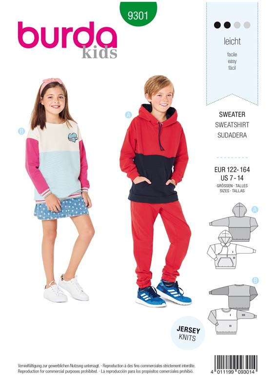 Patron Burda 9301 SweaTee-Shirt – hoodie enfant avec ou sans capuche - de 7 à 14/16 ans