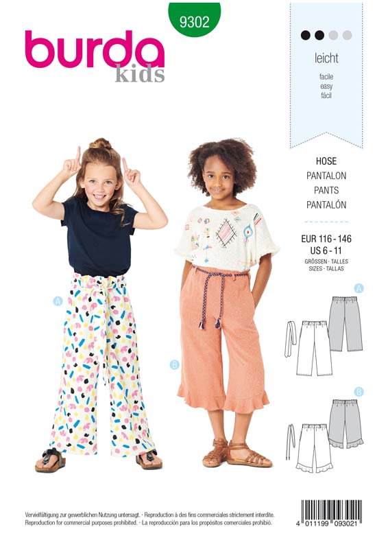[B9302] Patron Burda 9302 Pantalon fille léger à coulisse élastiquée ou pantacourt  7/8 - de 6 à 11 ans