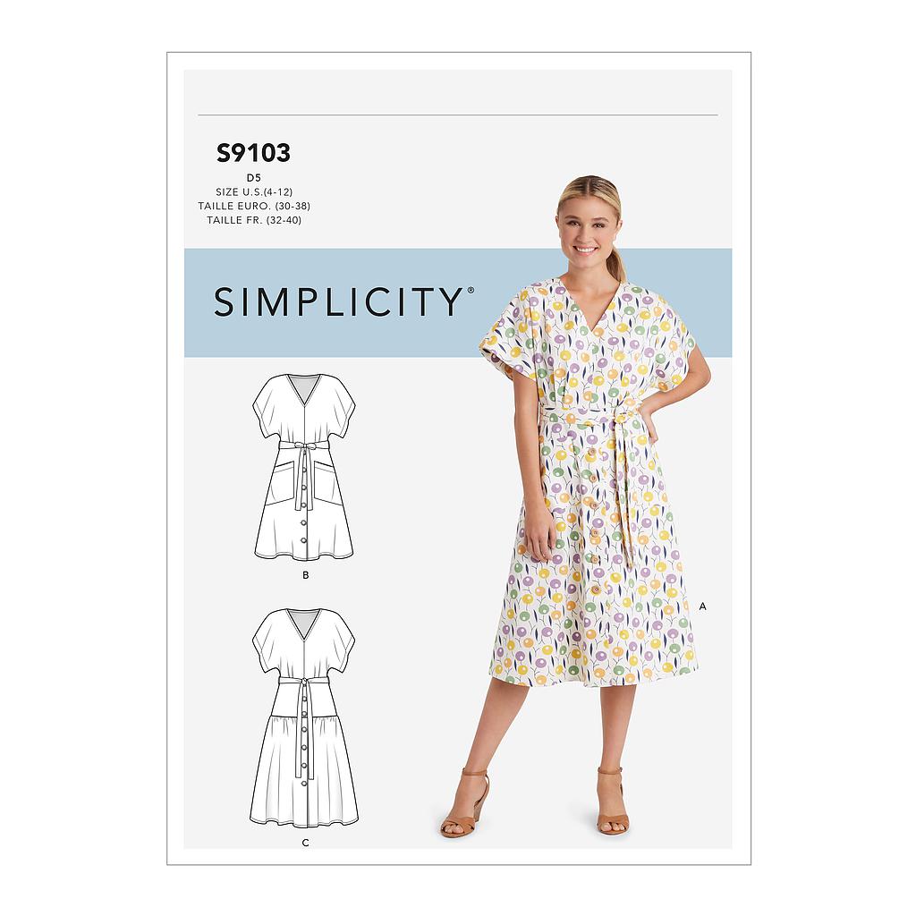 Patron Simplicity 9103 Robe femme manches chauve - souris - du 32 au 48#