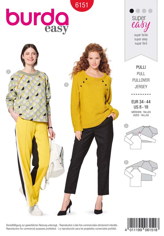 Patron Burda 6151 Sweater à manches raglan orné de boutons ou d'un passepoil - du 34 au 44