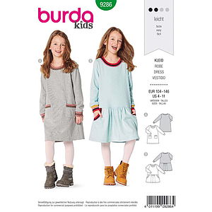 Patron Burda 9286 Robe robe façon Tee-Shirt à bordures - de 4 à 11 ans