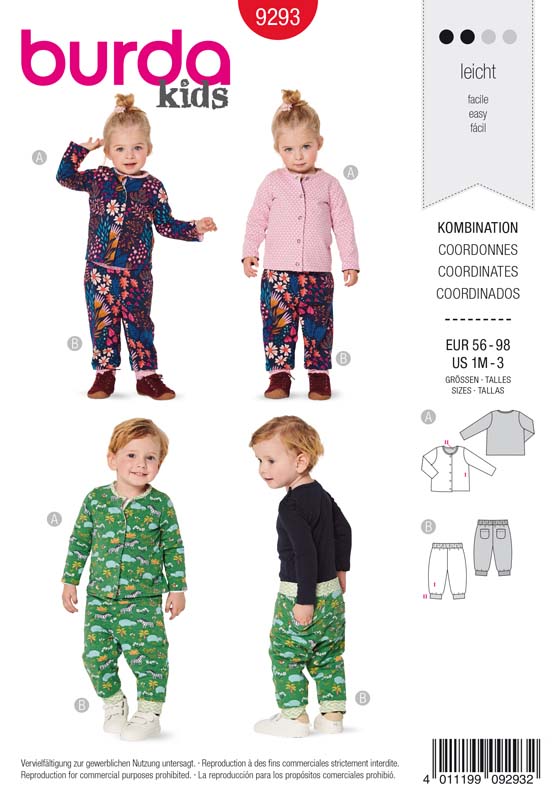 Patron Burda 9293 Ensemble bébé Veste &amp; pantalon réversibles - du 56 au 98