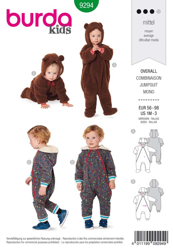 [B9294] Patron Burda 9294 Combinaison bébé zippée capuche - du 56 au 98