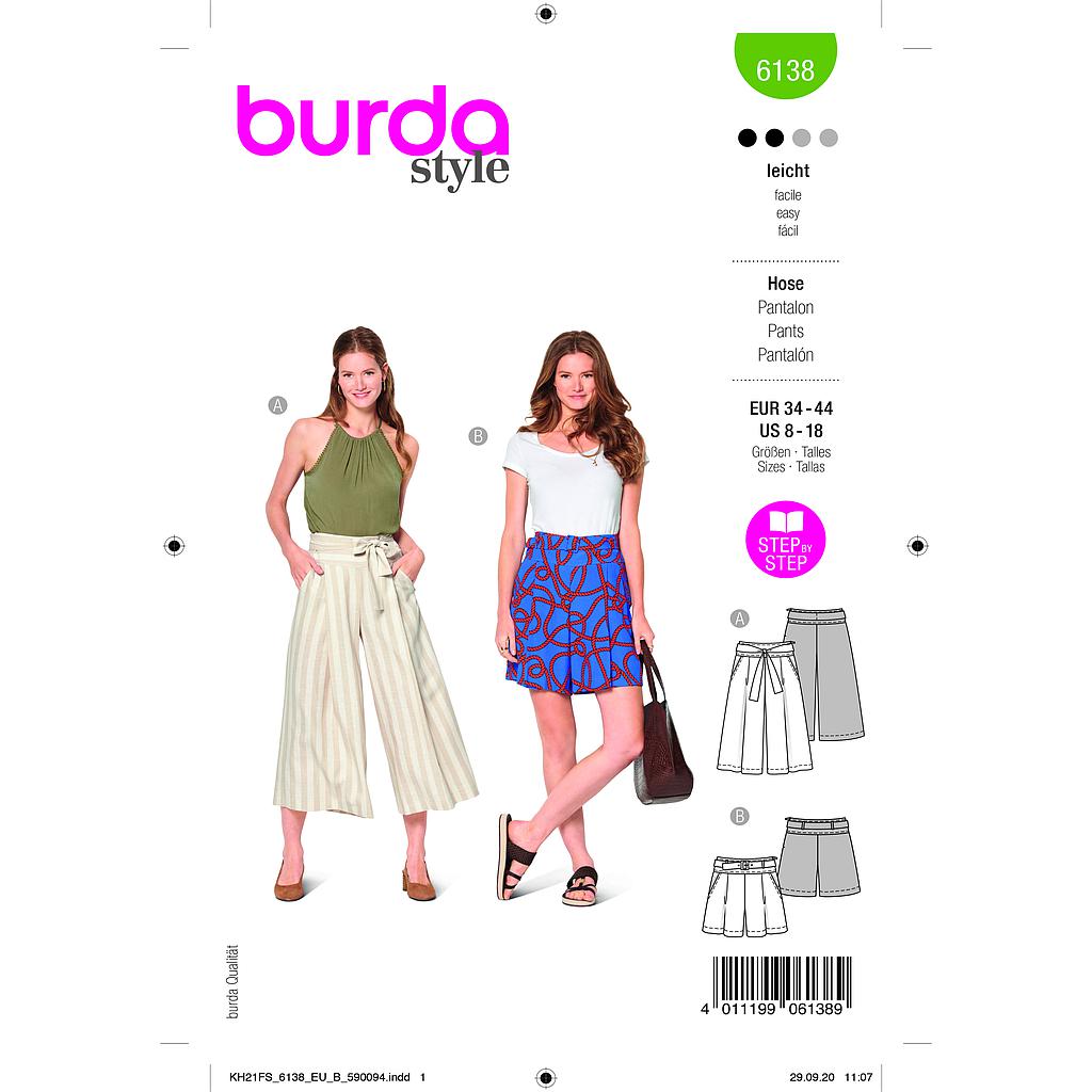 [B6138] Patron Burda 6138 - Jupe - culotte ou short avec plis et poches sur l'avant du 36 au 46