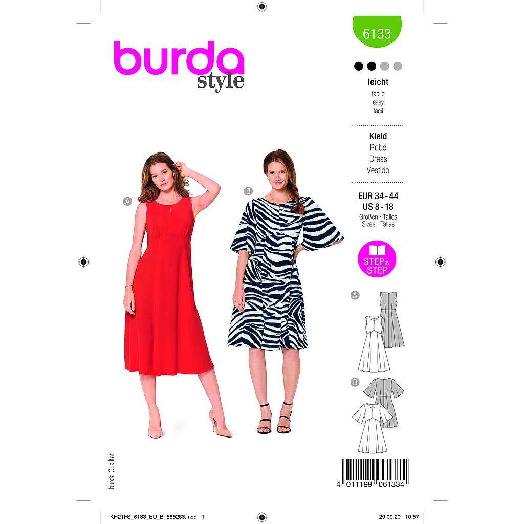 [B6133] Patron Burda 6133 - Robes stylées avec jupe virevoltante du 36 au 46