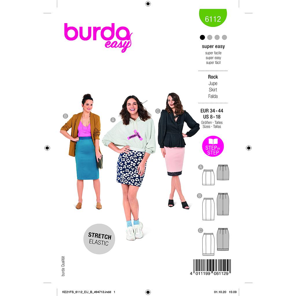 Patron Burda 6112- Jupes ajustées en 2 longueurs du 36 au 46