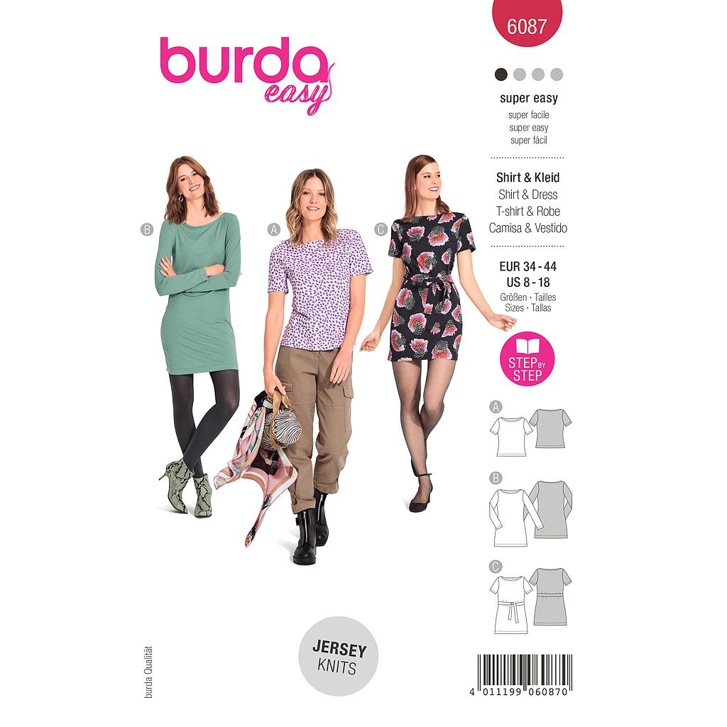 [B6087] Patron Burda 6087 - Tee-Shirt, robe – près du corps avec encolure bateau du 36 au 46