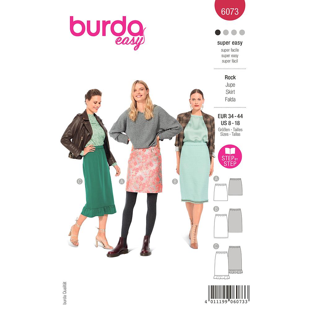 Patron Burda 6073- Jupe en trois longueurs avec ceinture élastiquée, forme ajustée du 36 au 46